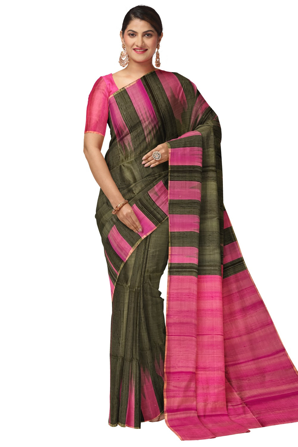 Southloom Handloom Pure Silk Kanchipuram Saree with Dark Green Body and Rose Blouse Piece