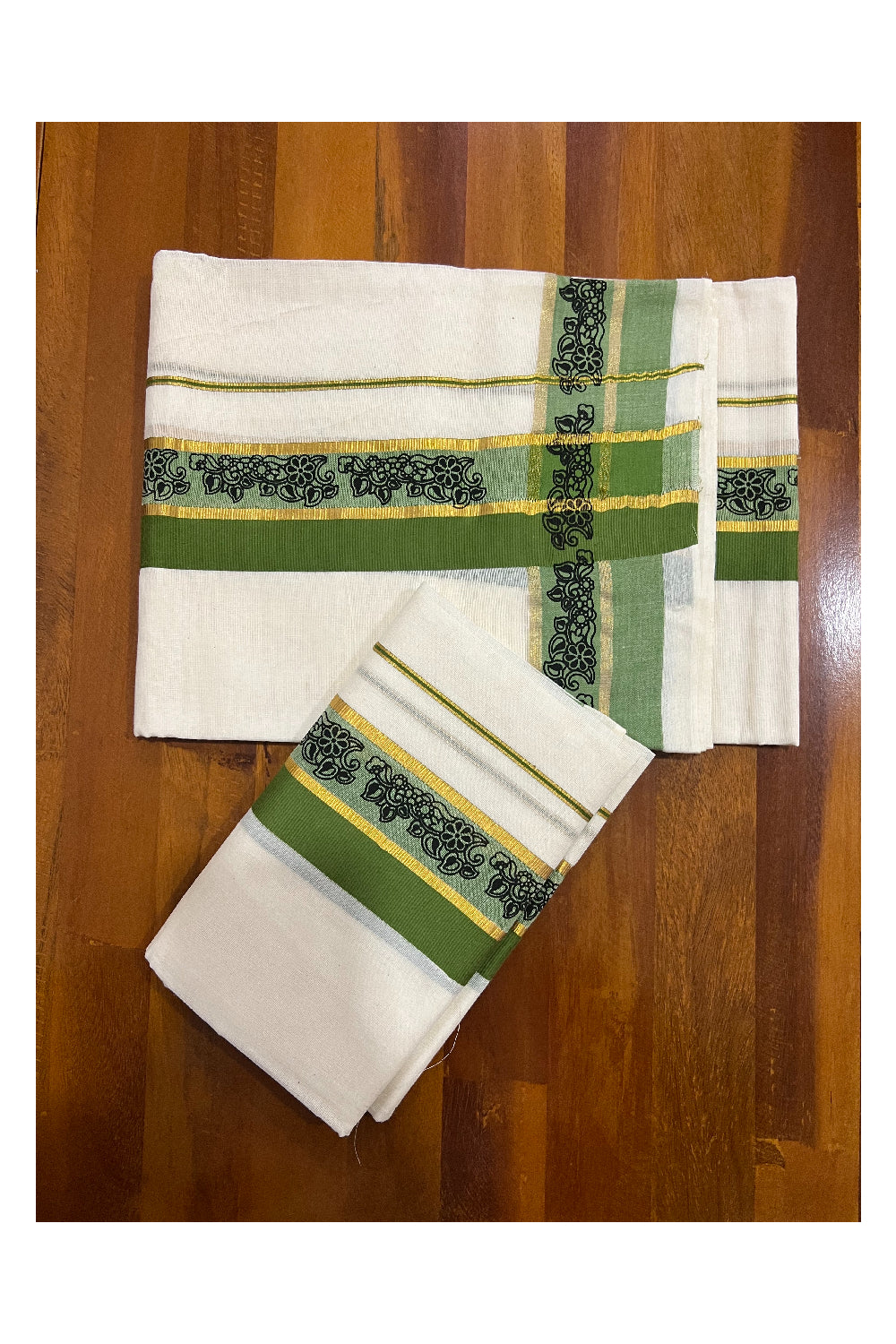 Southloom Onam 2022 Kasavu and Green Kara Set Mundu with Hand Block Print