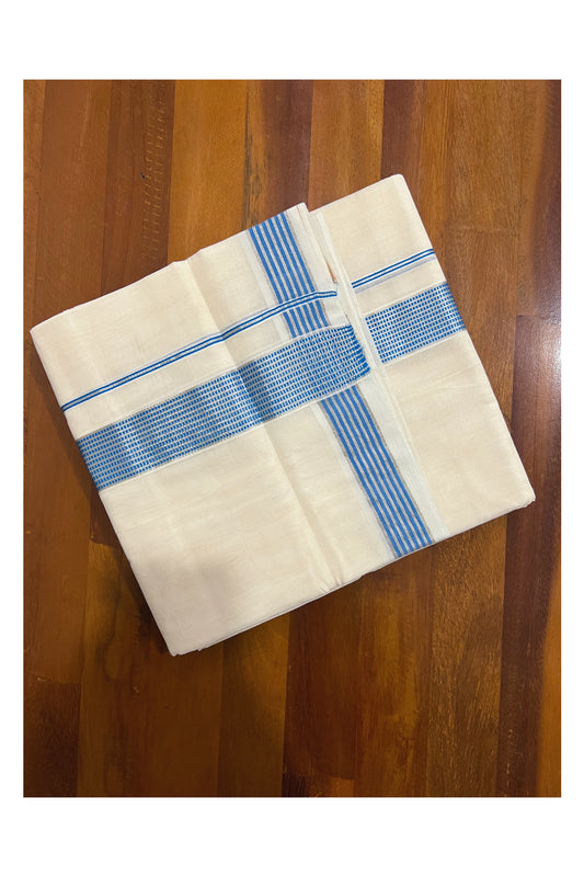 Southloom Kuthampully Handloom Pure Cotton Mundu with Silver Kasavu and Blue Border (South Indian Dhoti)