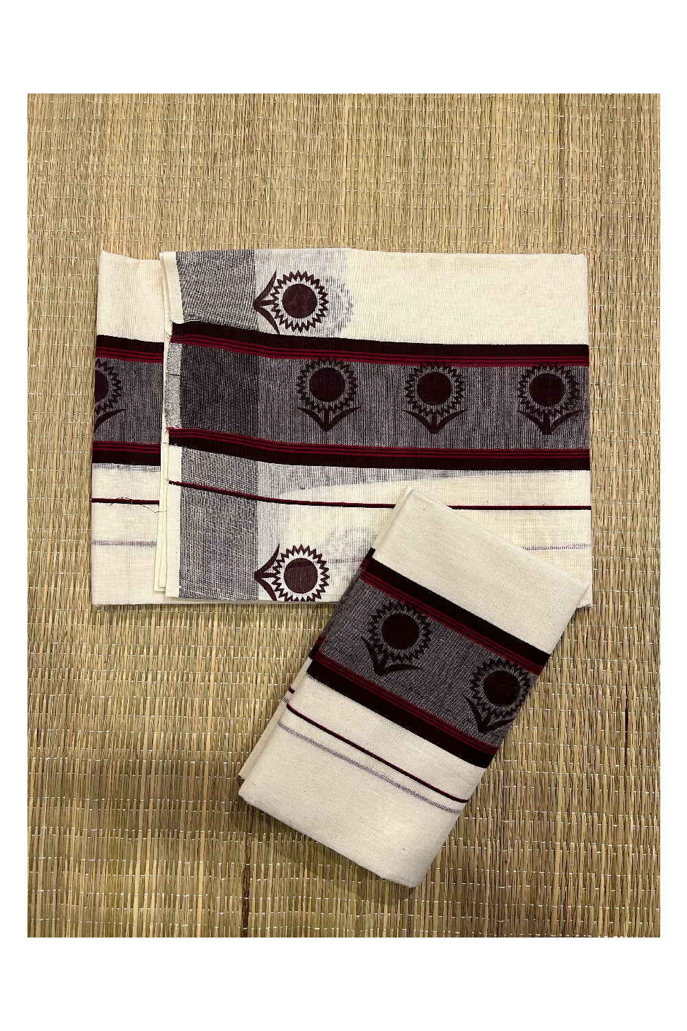 Kerala Cotton Set Mundu (Mundum Neriyathum) with Dark Brown Block Prints on Border