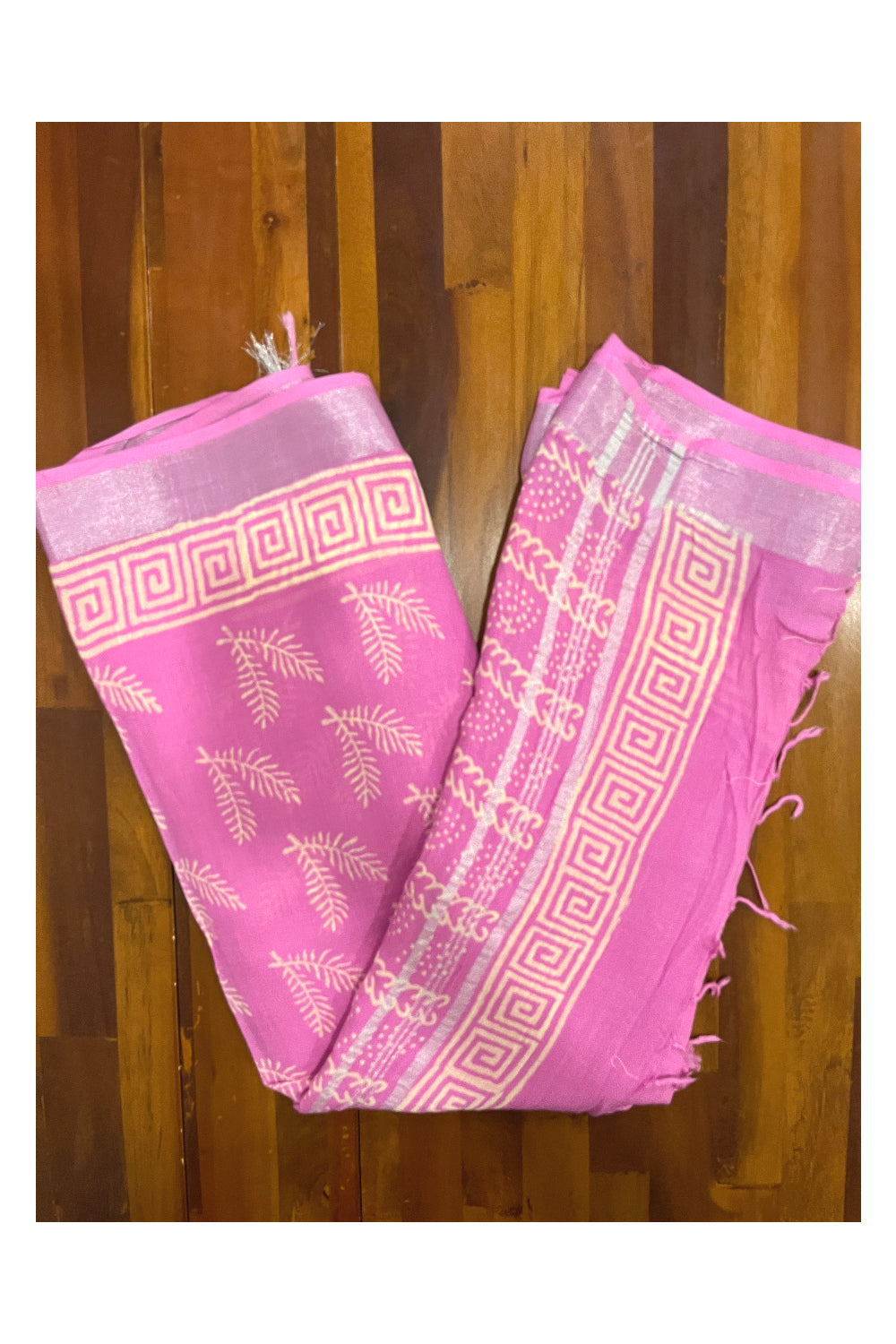 Southloom Linen Designer Pink Saree with White Prints and Tassels Works