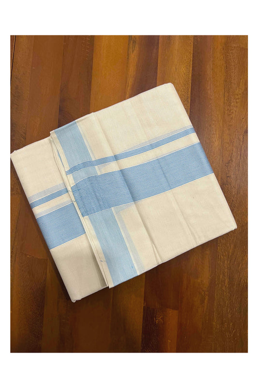 Off White Kerala Double Mundu with 2 inch Light Blue Line Border (South Indian Dhoti)