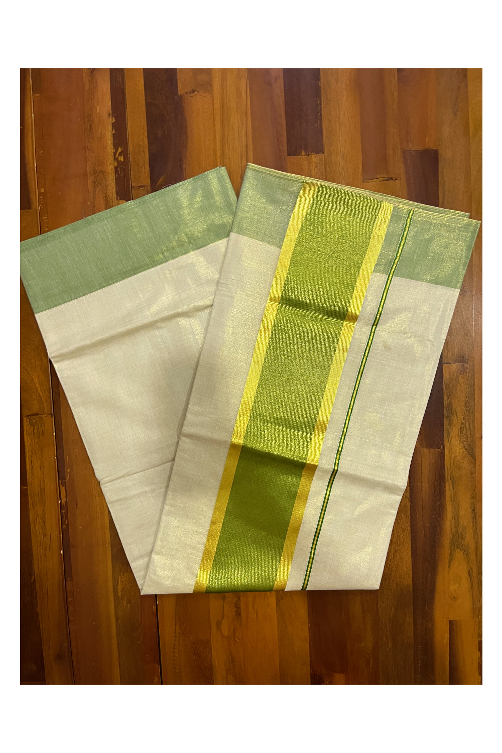 Kerala Tissue Kasavu Plain Saree with Green and Kasavu Border