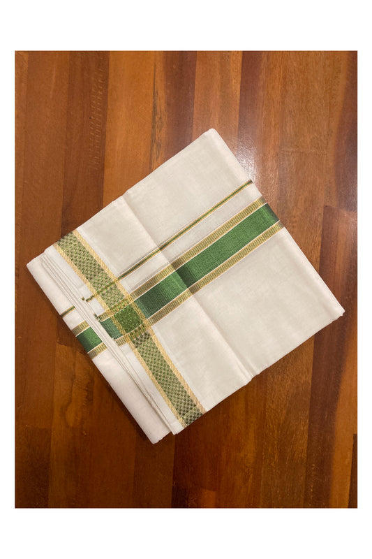 Southloom Premium Handloom Pure Cotton Mundu with Golden and Green Kasavu Design Border (South Indian Dhoti)