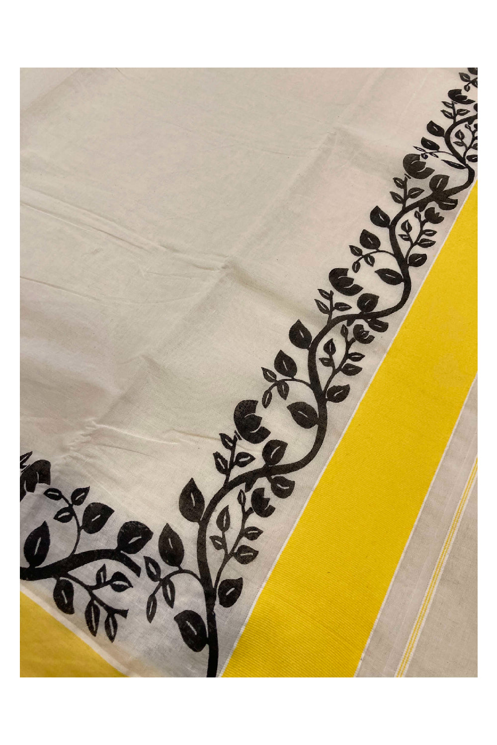Southloom Original Design Kerala Saree with Black Floral Vines Block Print on Yellow Border