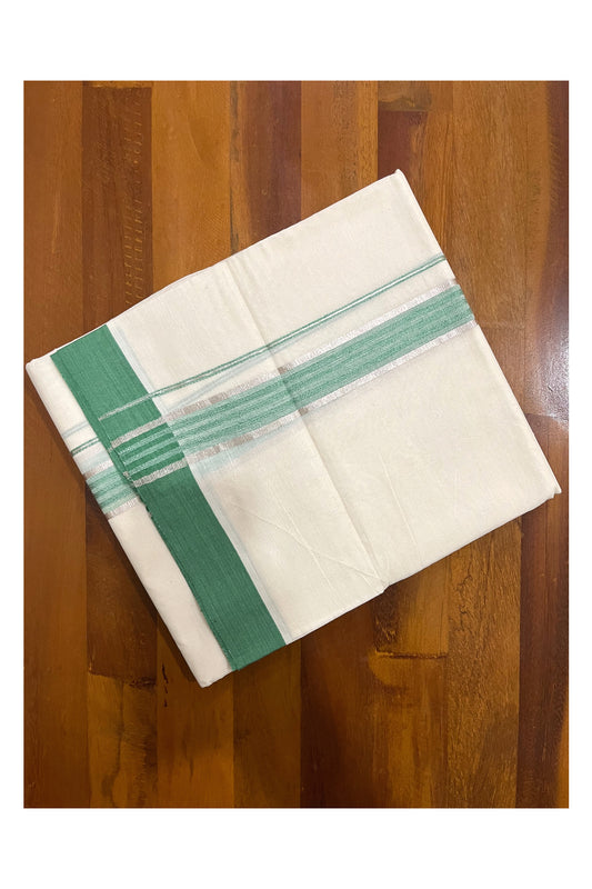 Pure Cotton Off White Double Mundu with Silver Kasavu and Green Border (South Indian Dhoti)