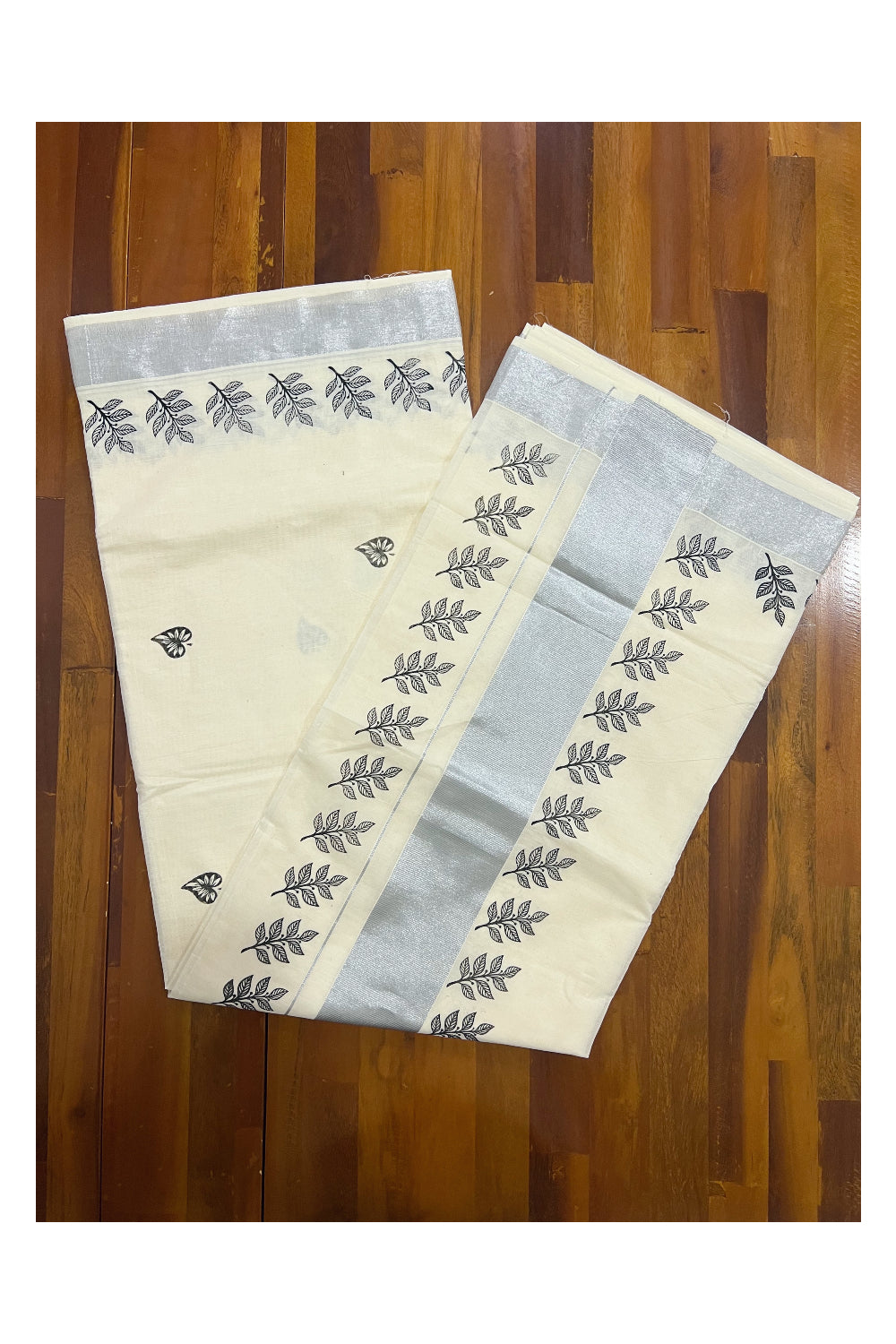 Pure Cotton Kerala Silver Kasavu Saree with Black Leaf Block Printed Design