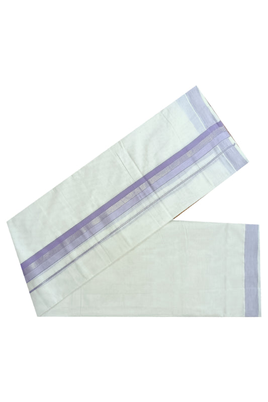 Off White Kerala Double Mundu with Silver Kasavu and Violet Kara (South Indian Dhoti)