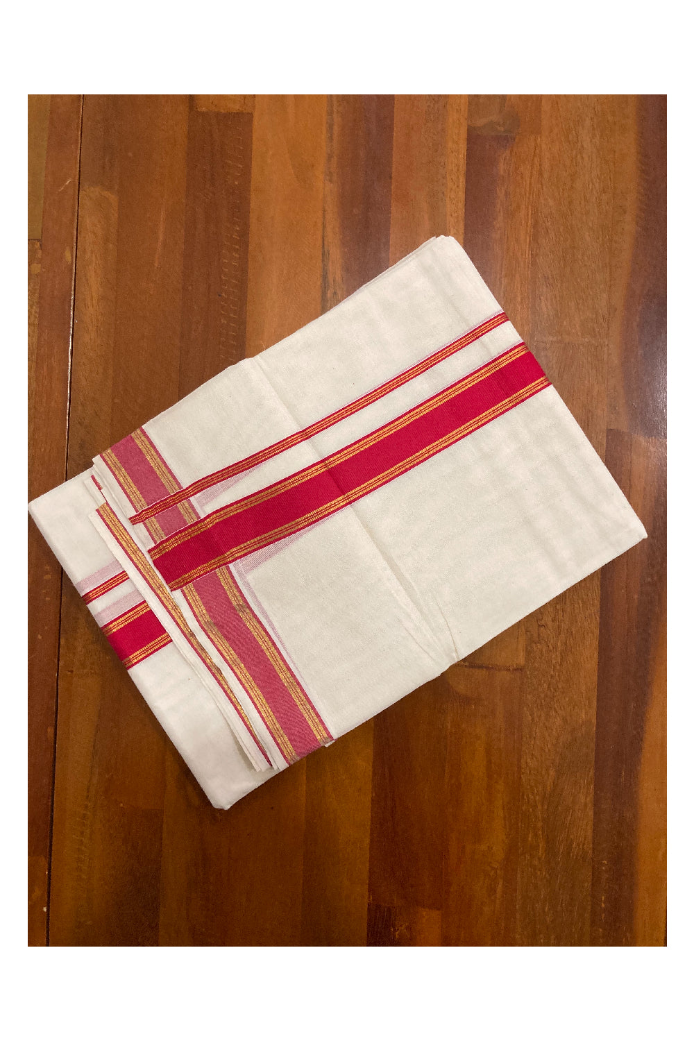 Off White Kerala Double Mundu with Kasavu and Red Border (South Indian Dhoti)