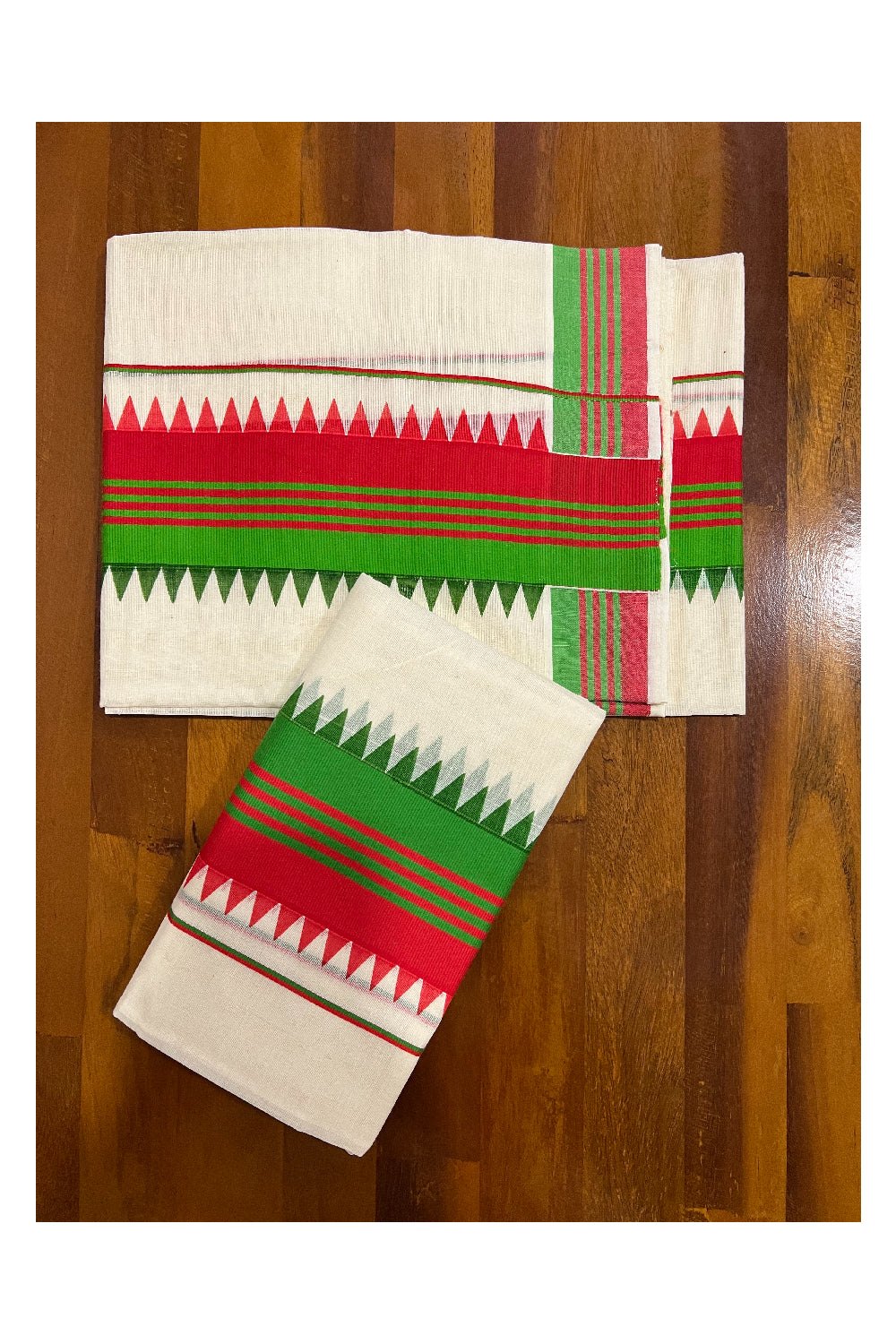 Pure Cotton Set Mundu (Mundum Neriyathum) with Red and Green Temple Block Prints on Border
