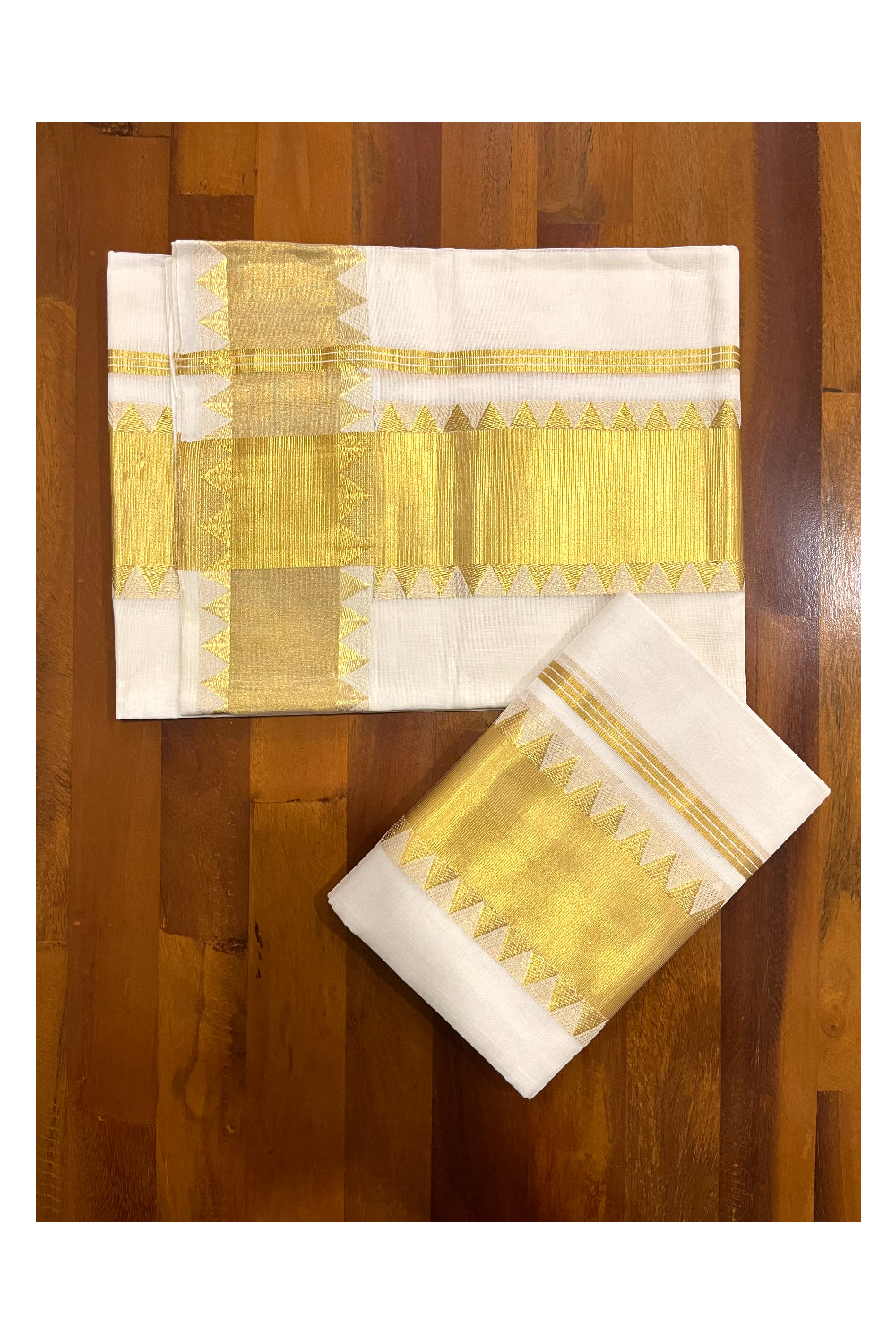 Southloom Handloom Premium Single Wedding Set Mundu (Mundum Neriyathum) with Kasavu Woven Temple Border