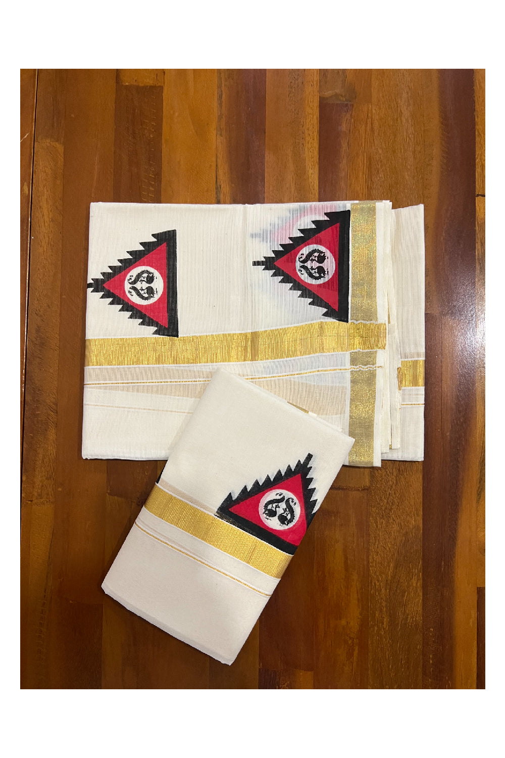 Kerala Cotton Kasavu Set Mundu (Mundum Neriyathum) with Red Black Temple Works on Border