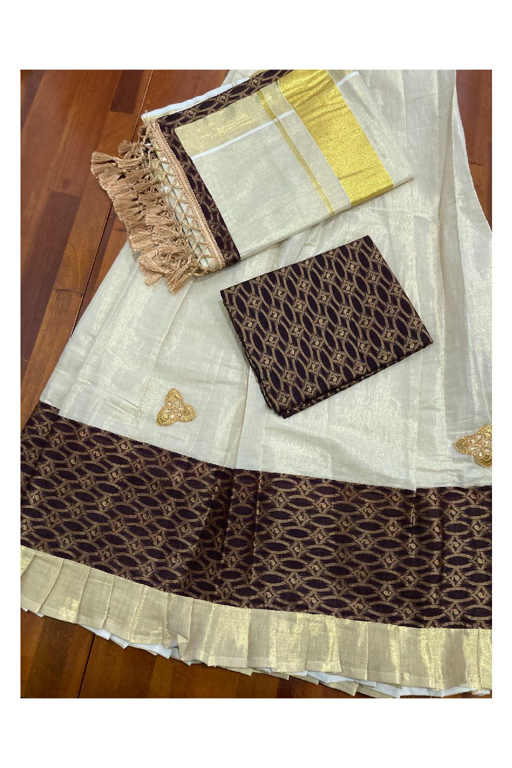 Kerala Tissue Stitched Dhavani Set with Blouse Piece and Neriyathu in with Brown Accents
