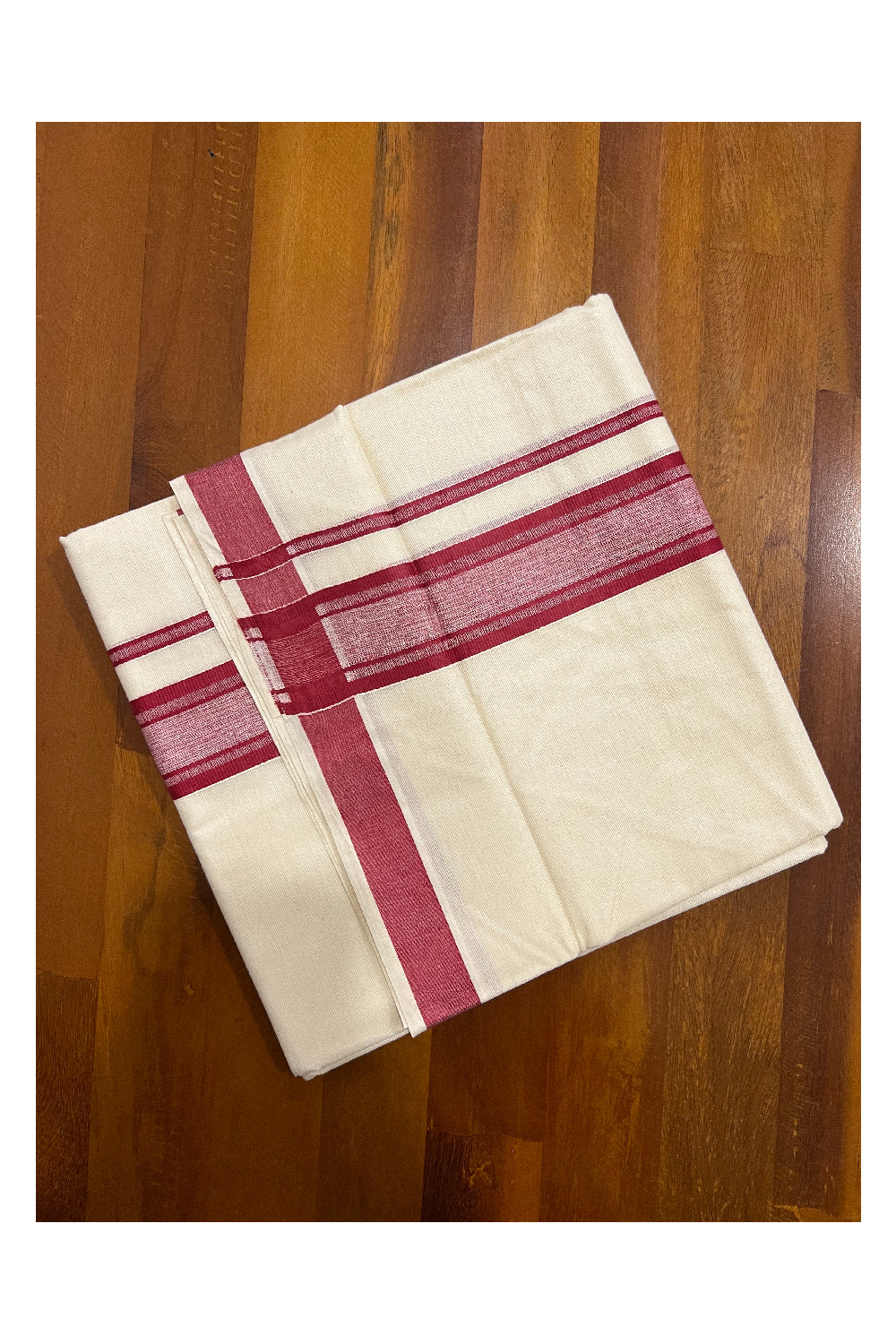 Off White Kerala Double Mundu with Dark Red Kara (South Indian Dhoti)