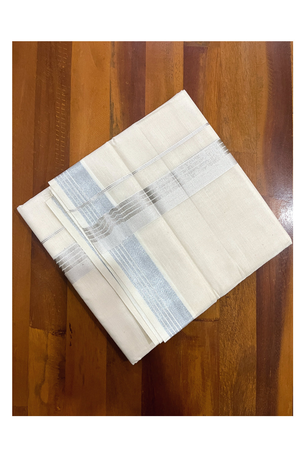 Pure Cotton Off White Mundu with Silver Kasavu Kara (South Indian Kerala Dhoti)