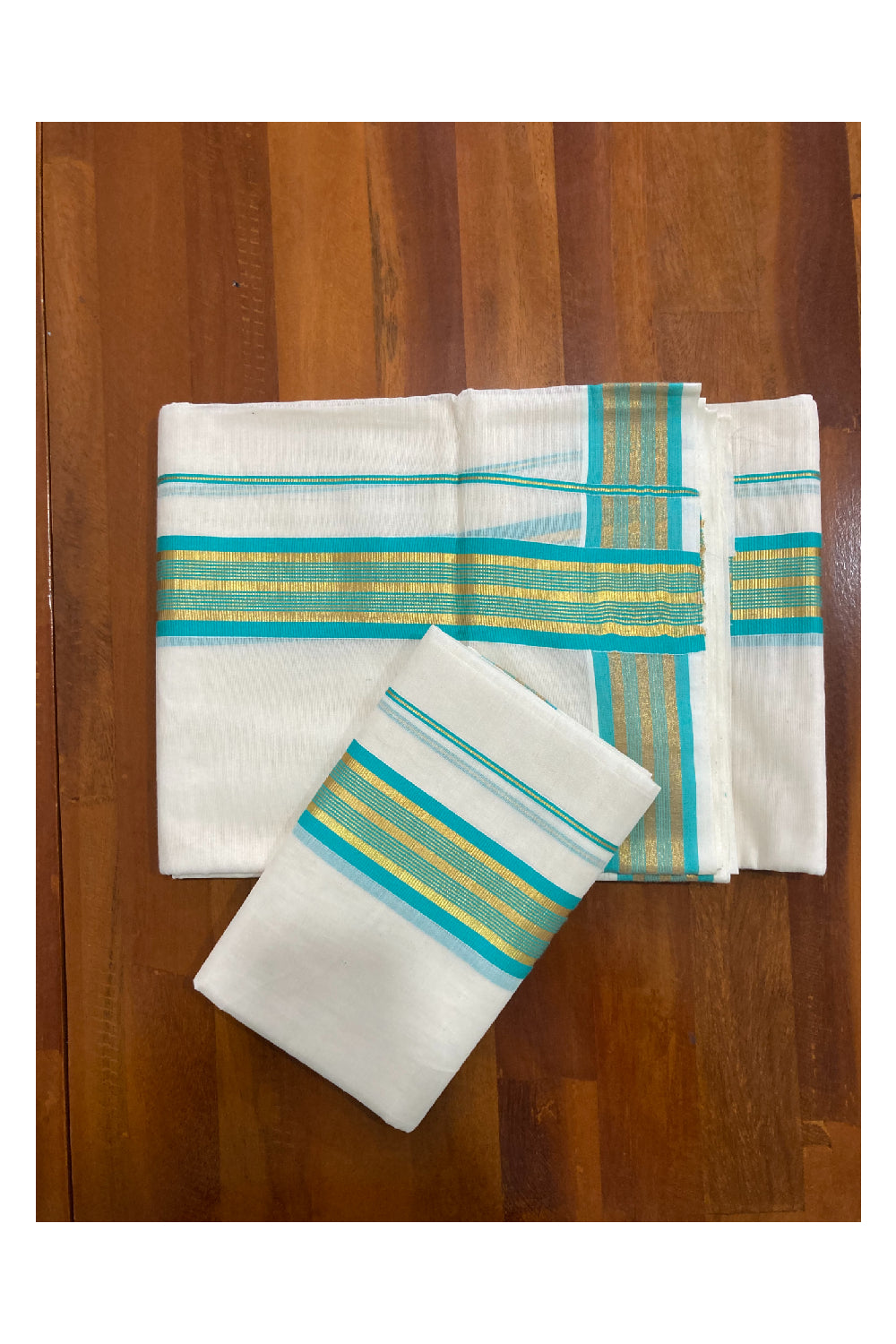 Mundum Neriyathum Double (Set Mundu) with Kasavu and Turquoise Border