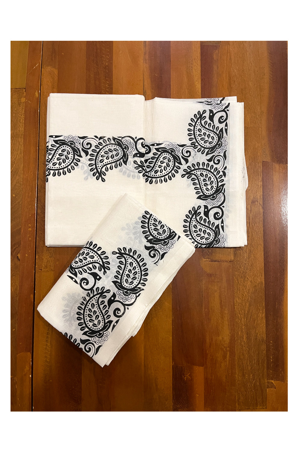 Kerala Cotton Set Mundu (Mundum Neriyathum) with Black Paisley Block Prints on Border 2.80 Mtrs