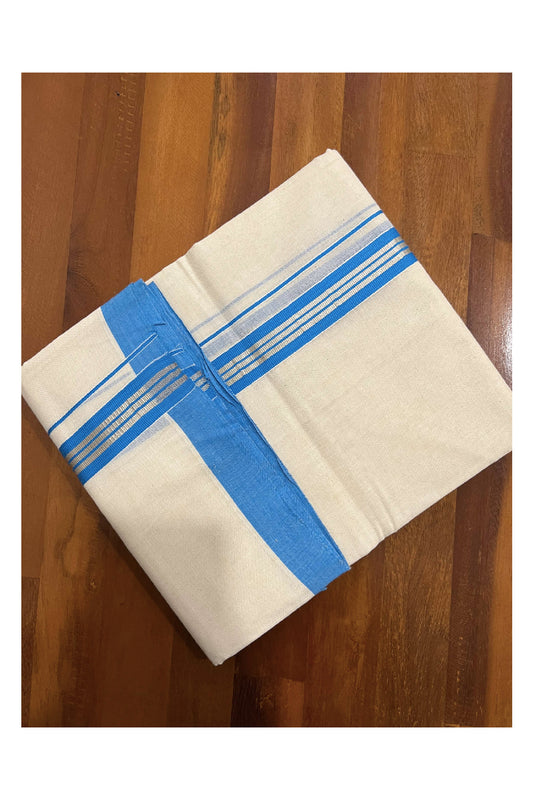 Off White Pure Cotton Double Mundu with SIlver Kasavu and Light Blue Kara (South Indian Dhoti)