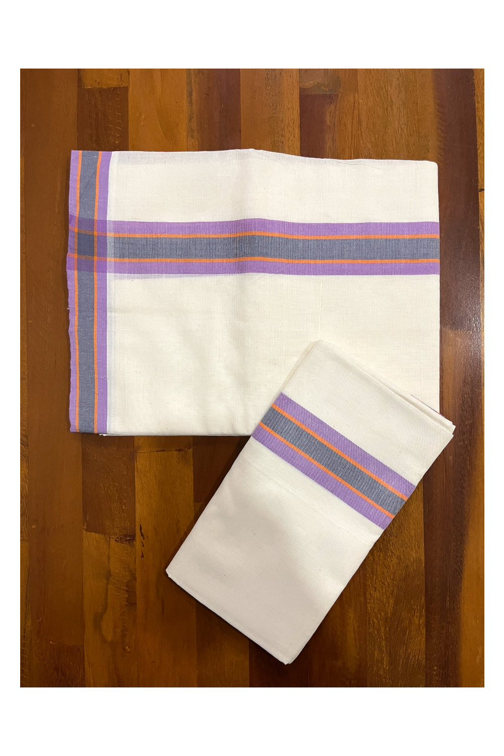 Kerala Cotton Mundum Neriyathum Single (Set Mundu) with Violet and Black Mulloth Border (Extra Soft Cotton)