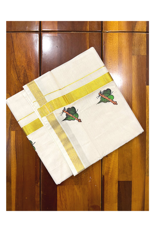 Pure Cotton Kasavu Mundu with Mural Hand Painted Leaf and Flute Design (South Indian Dhoti)