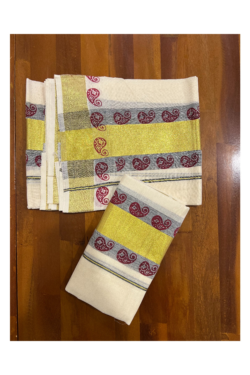 Pure Cotton Kasavu Set Mundu (Mundum Neriyathum) with Maroon Paisley Block Prints on Border