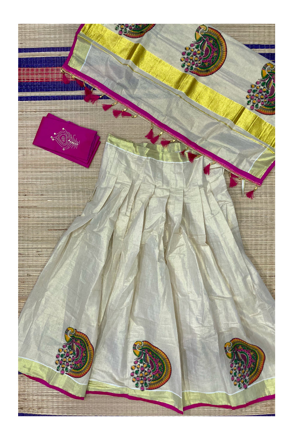 Kerala Tissue Semi Stitched Dhavani Set with Blouse Piece and Neriyathu with Magenta Border and Mural Works