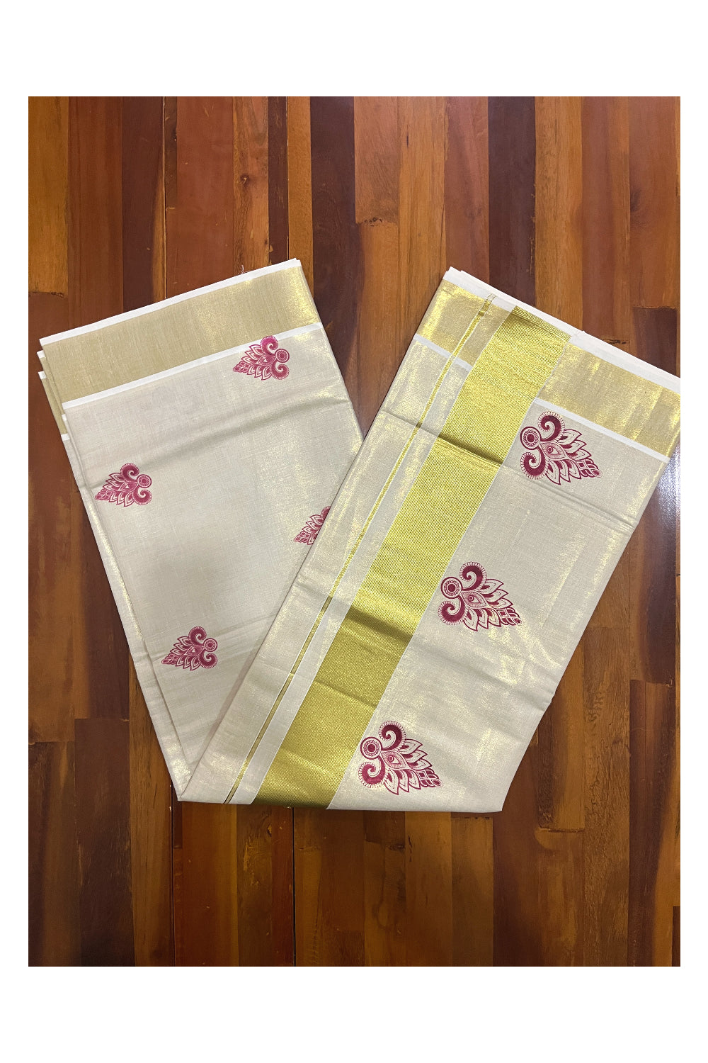 Kerala Tissue Kasavu Saree with Maroon Block Printed Design