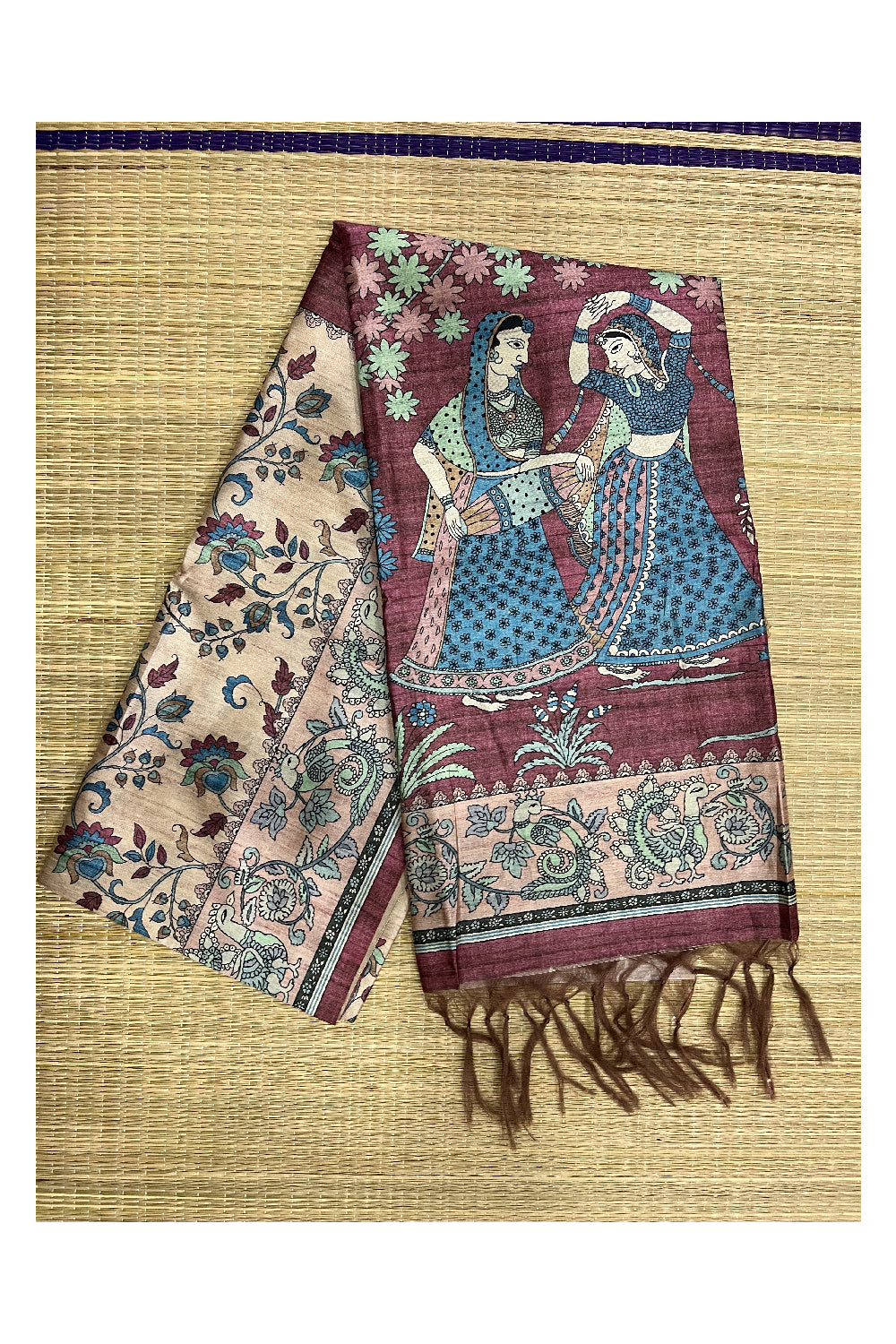 Southloom Tussar Silk Kalamkari Design Vishu Themed Krishna Radha Saree