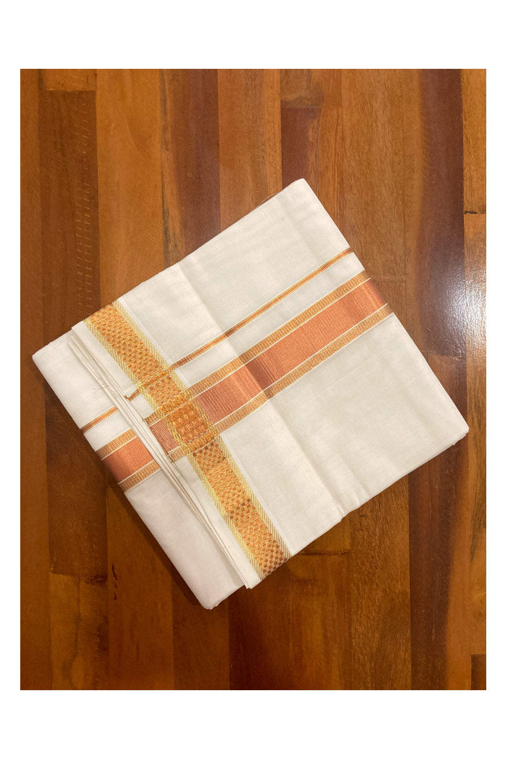 Southloom Premium Handloom Pure Cotton Mundu with Golden and Copper Kasavu Design Border (South Indian Dhoti)