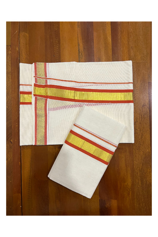 Kerala Cotton Mundum Neriyathum Single (Set Mundu) with Orange and Kasavu Border 2.80 Mtrs