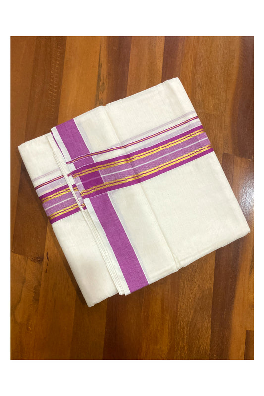 Pure Cotton Off White Double Mundu with Magenta and Kasavu Border (South Indian Kerala Dhoti)