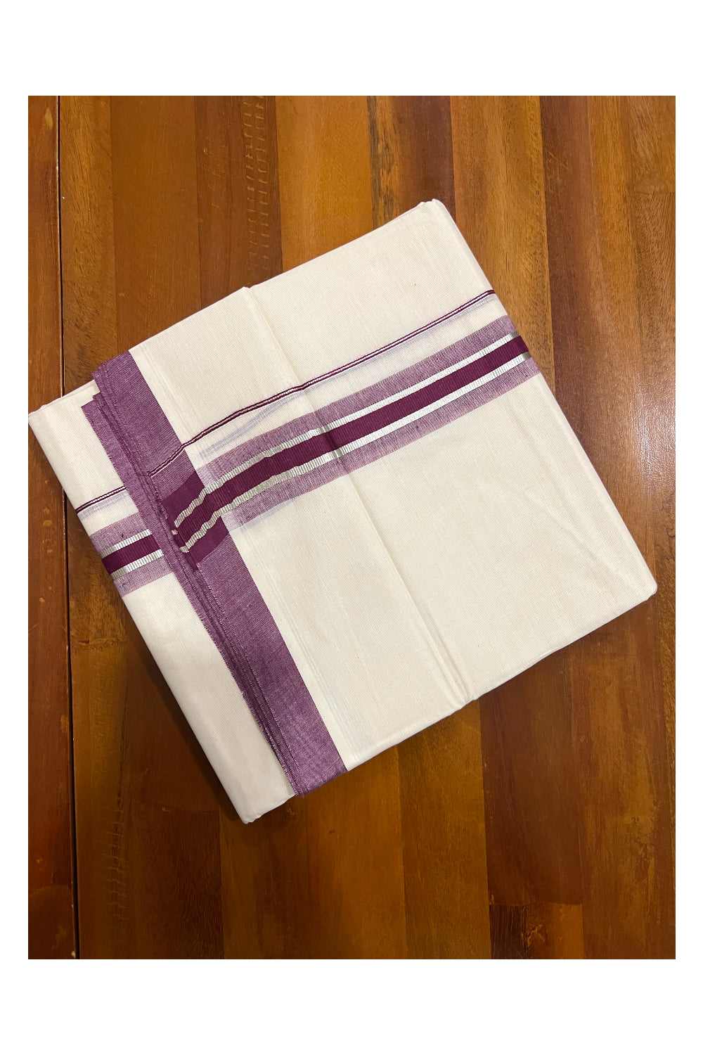 Off White Kerala Double Mundu with Silver Kasavu and Purple Border (South Indian Dhoti)