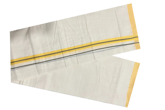 Off White Cotton Mundu with Black lines on Bright Orange Kara (South Indian Dhoti)