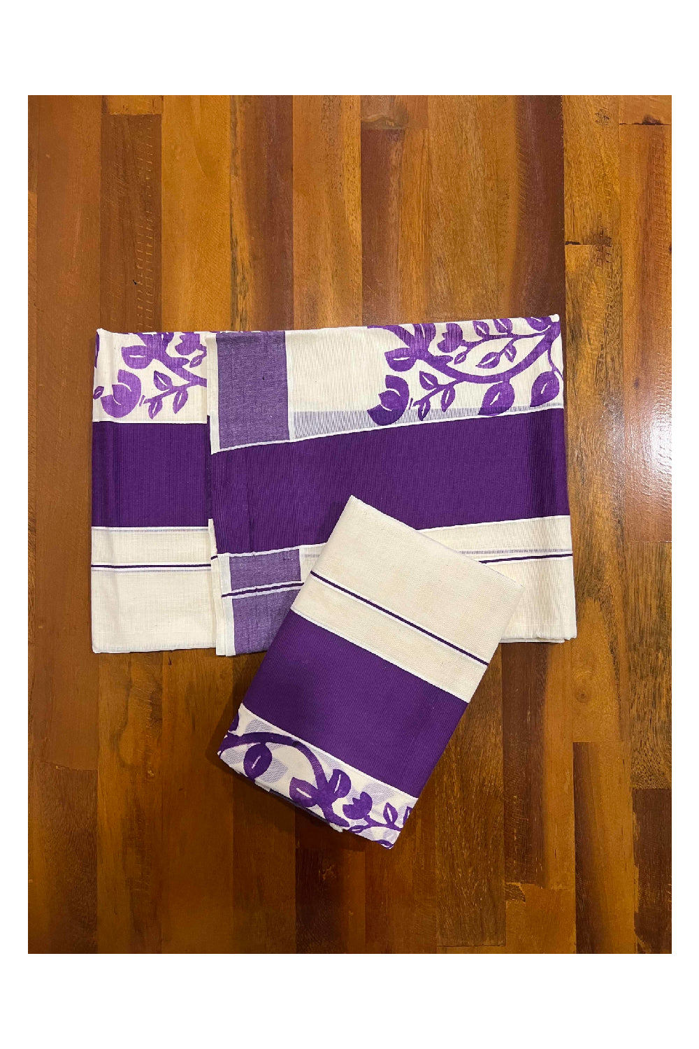 Southloom Original Design Single Set Mundu with Dark Violet Floral Vines Block Print (Mundum Neriyathum) 2.80 Mtrs