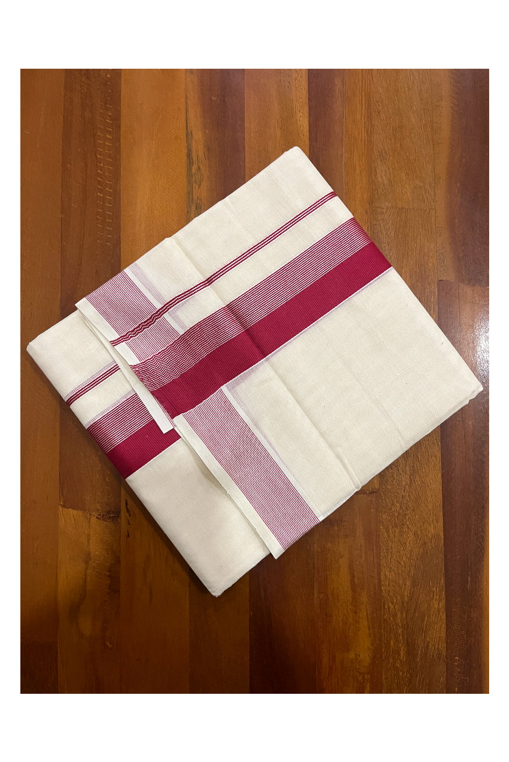 Pure Cotton Off White Double Mundu with Red and Silver Line Kara (South Indian Kerala Dhoti)