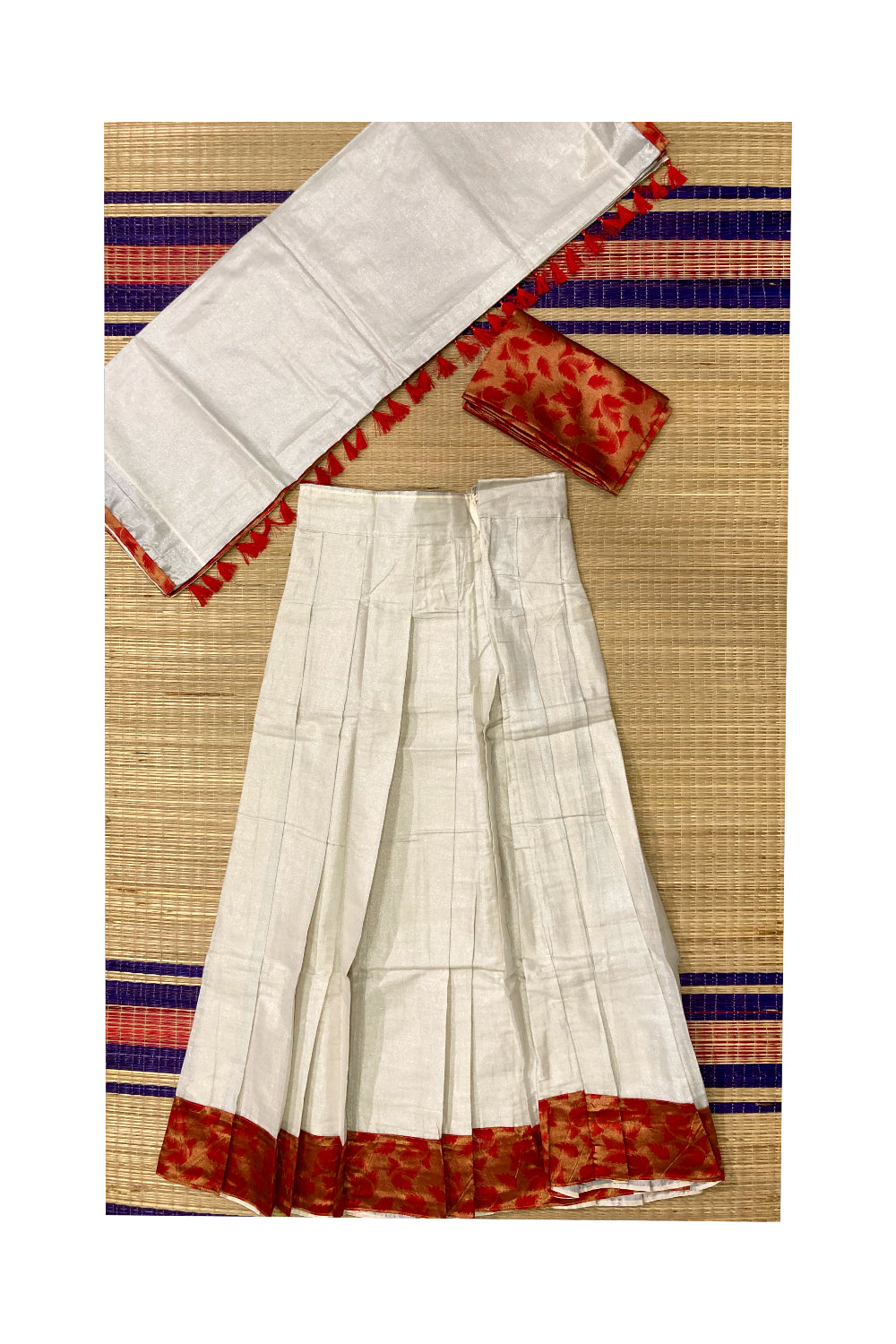 Kerala Silver Tissue Semi Stitched Dhavani Set with Red Designer Blouse Piece