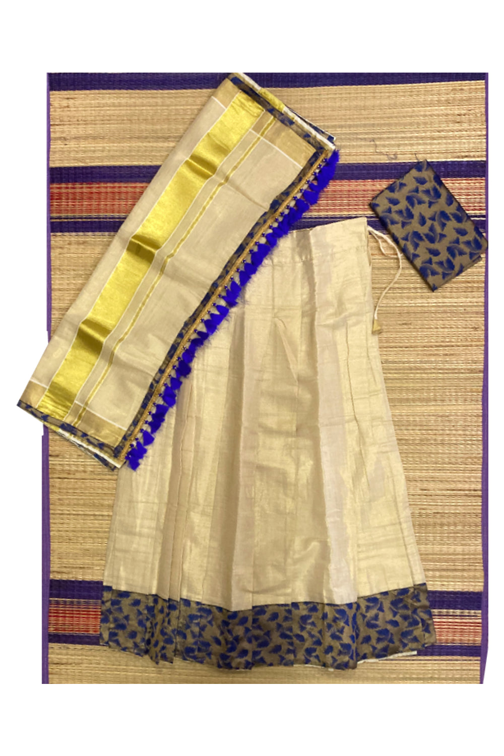 Semi Stitched Dhavani Set with Tissue Pavada and Blue Designer Blouse Piece