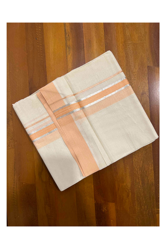 Off White Kerala Double Mundu with Silver Kasavu and Orange Border (South Indian Dhoti)