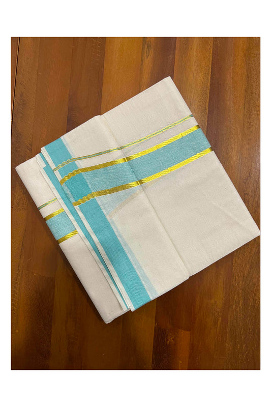 Off White Kerala Double Mundu with Kasavu and Turquoise Border (South Indian Dhoti)