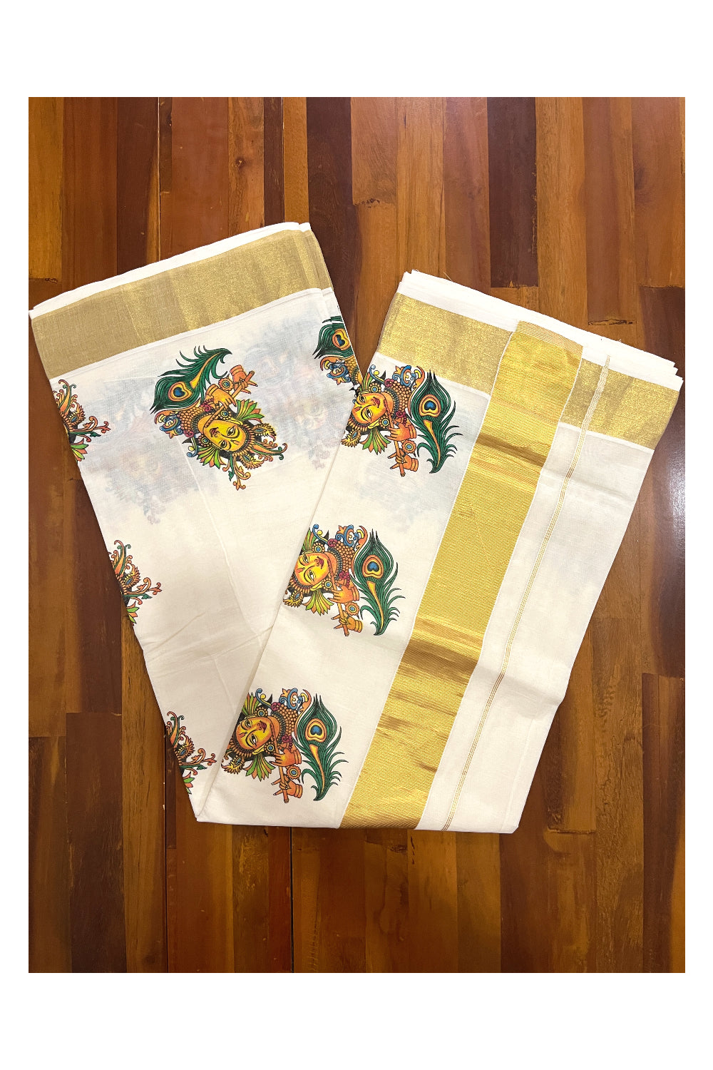 Pure Cotton Kerala Kasavu Saree with Mural Printed Krishna Design