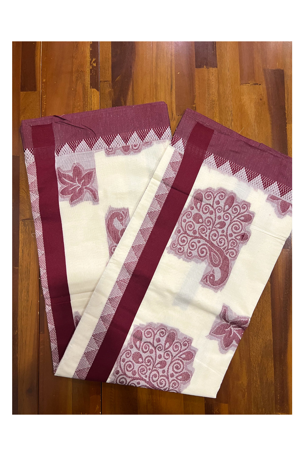 Kerala Saree with Maroon Peacock Embroidery Design and Temple Border