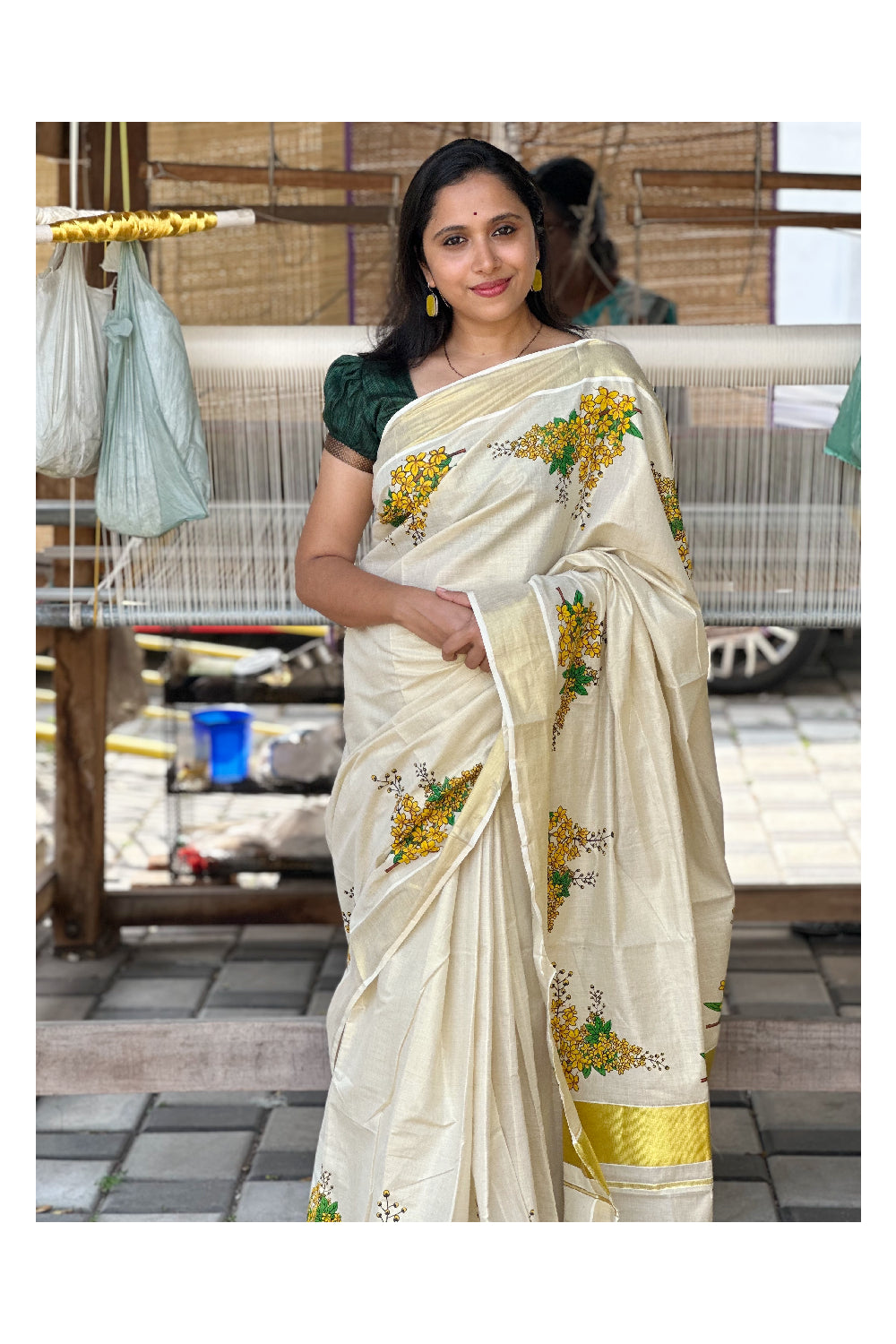 Southloom Tissue Kasavu Floral Printed Design Saree