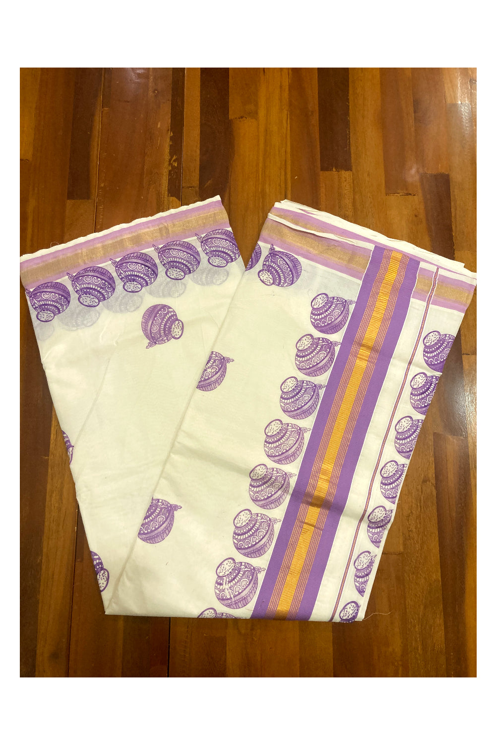 Pure Cotton Kerala Saree with Violet Pot Block Printed Design and Kasavu Border