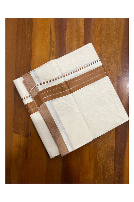 Pure Cotton Off White Double Mundu with Brown Border (South Indian Dhoti)