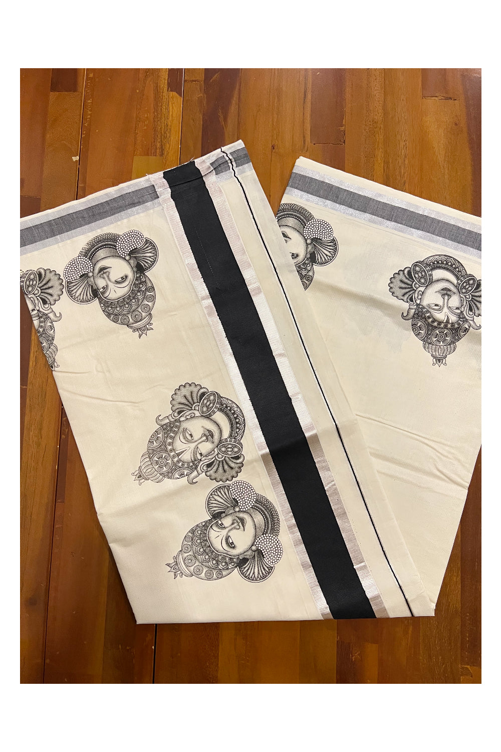 Pure Cotton Kerala Mural Krishna Radha Face Design Printed Saree with Black and Silver Kasavu Border