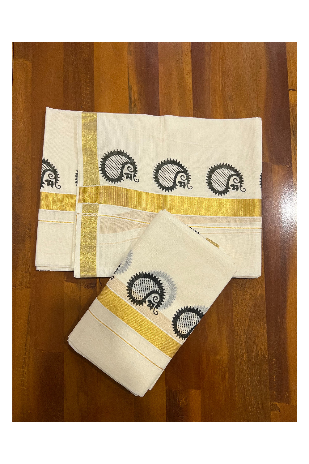 Pure Cotton Kasavu Set Mundu (Mundum Neriyathum) with Black Paisley Block Prints on Border