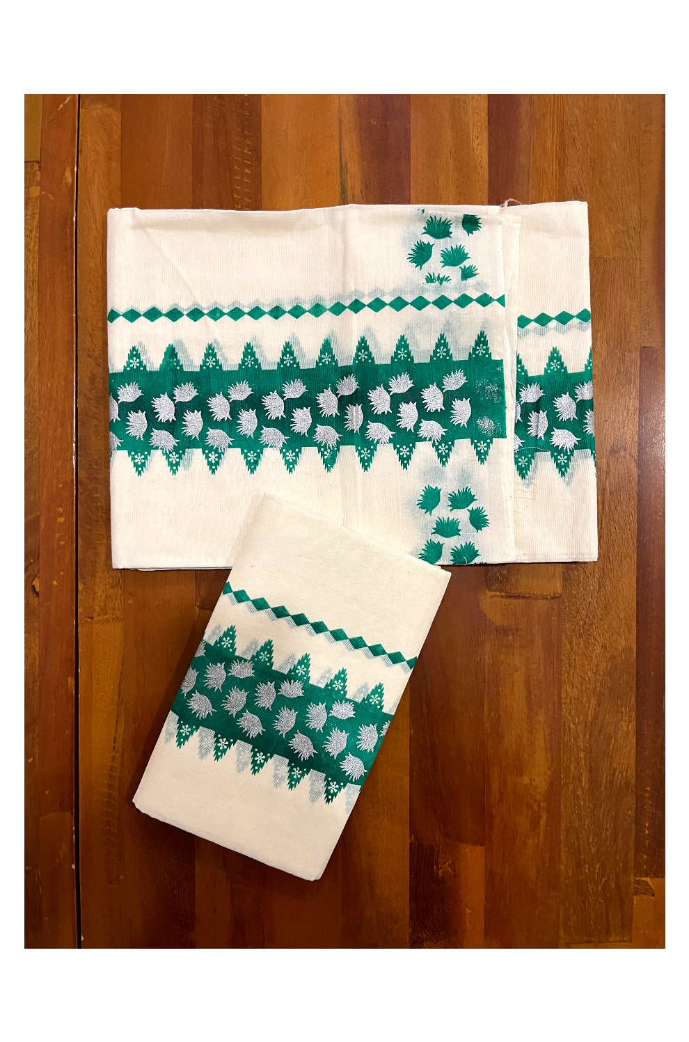 Kerala Cotton Single Set Mundu (Mundum Neriyathum) with Green Block Prints on Border