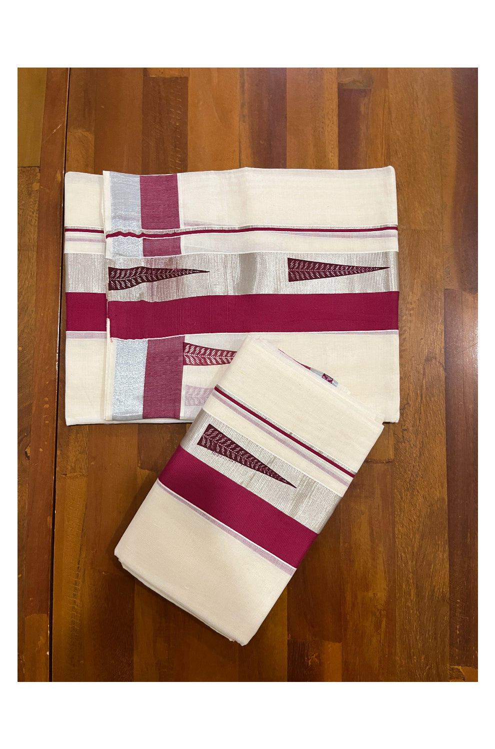 Pure Cotton SIlver Kasavu Single Set Mundu (Mundum Neriyathum Onam 2023) with Maroon Block Prints 2.80 Mtrs