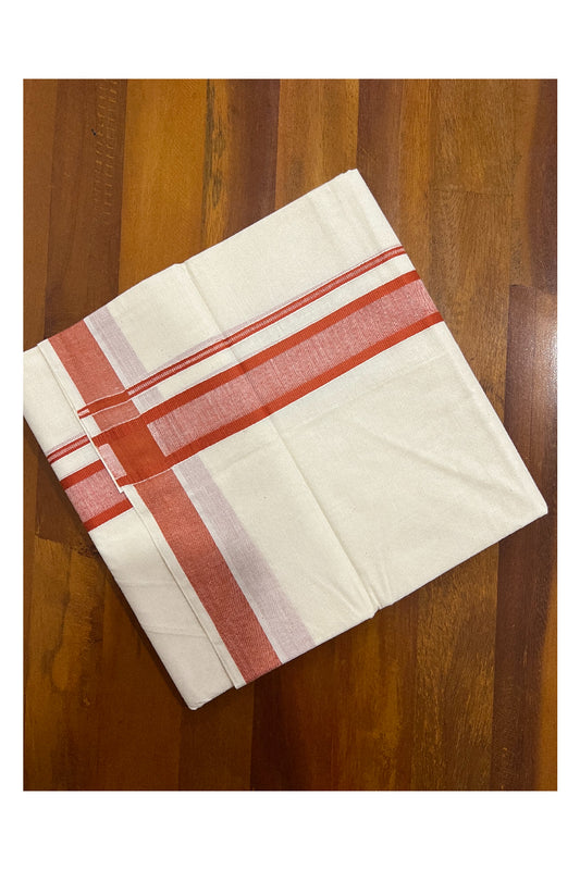 Off White Pure Cotton Double Mundu with Brick Red Border (South Indian Kerala Dhoti)