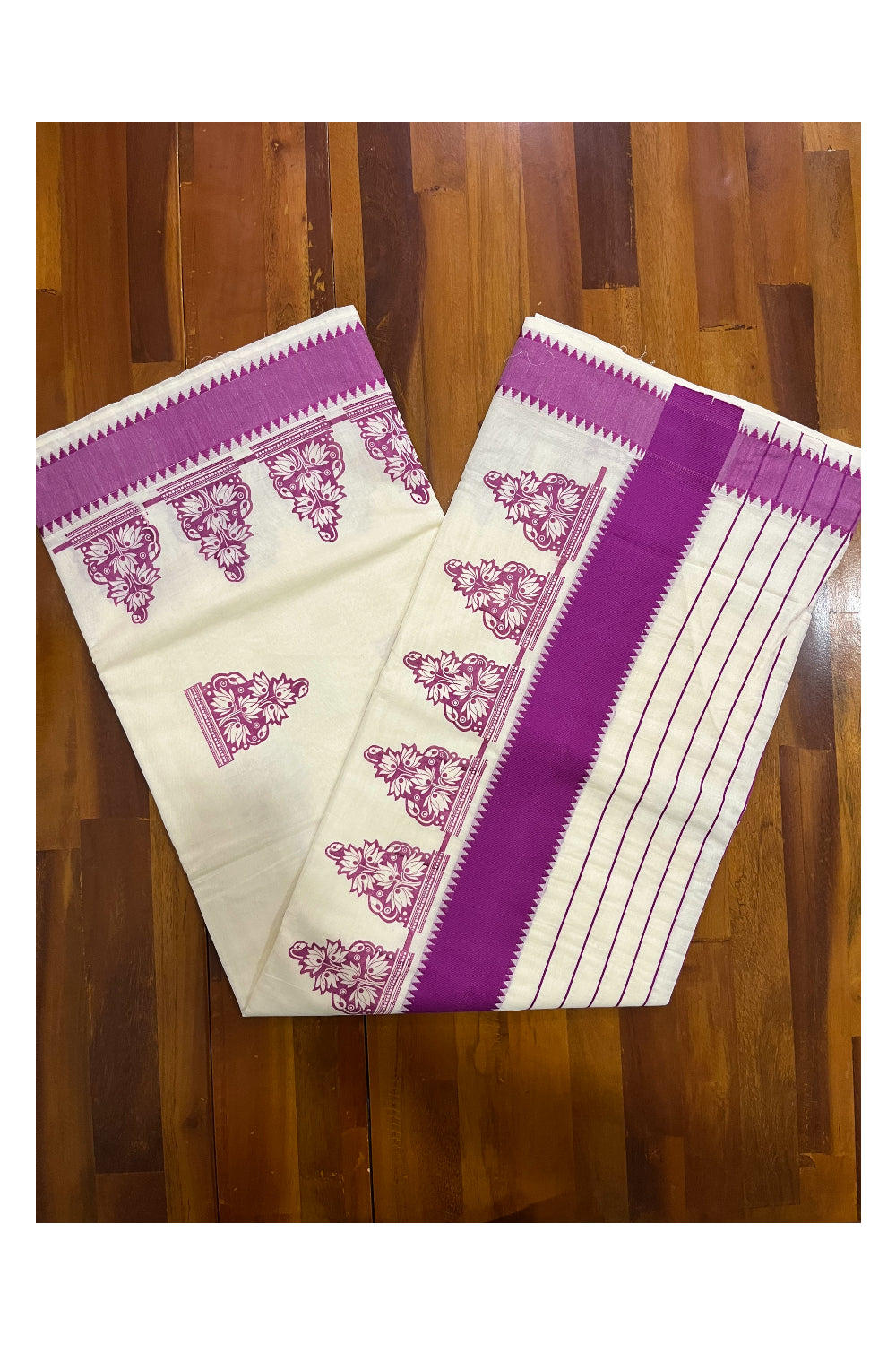 Pure Cotton Kerala Saree with Magenta Floral Block Printed Border